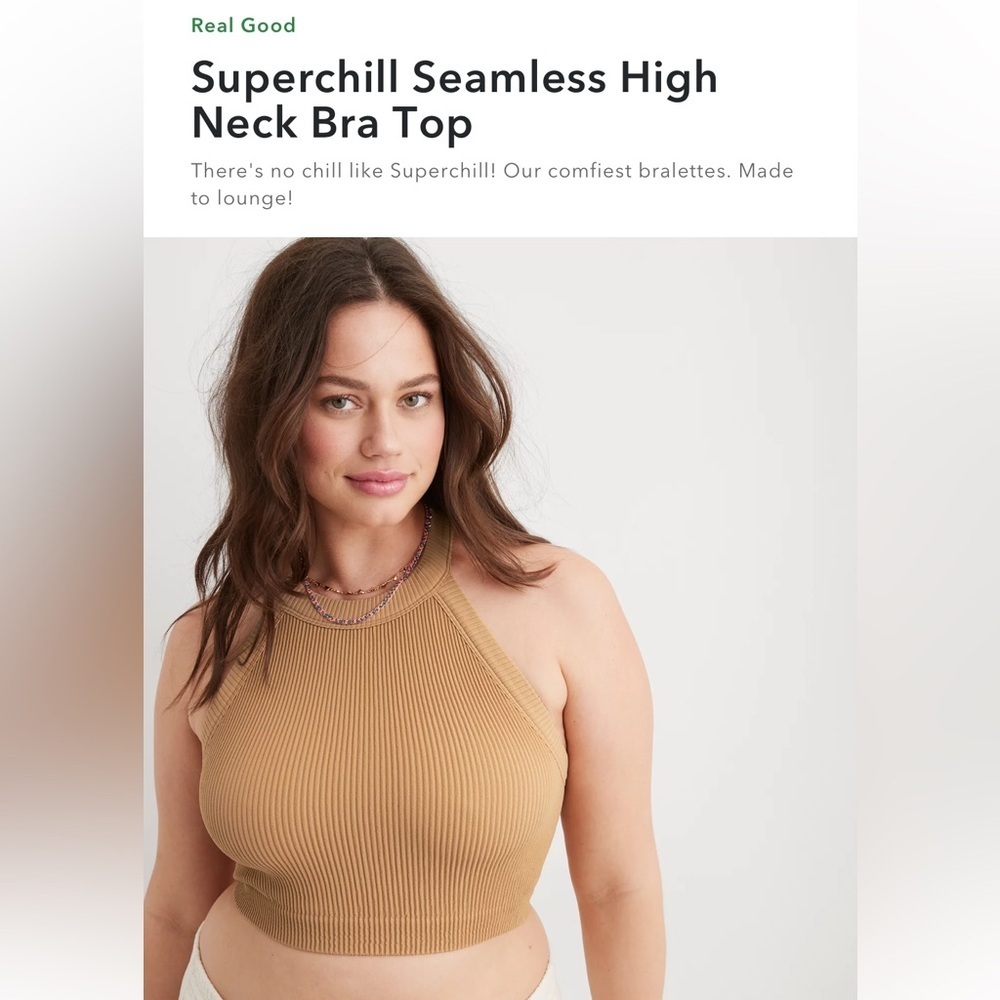 Aerie Superchill Seamless High Neck Ribbed Halter Bra Top in Beach Dune Size M